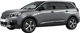 Berline grise Peugeot 5008 avec enseigne taxi, photographiée en ville.
