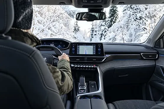 Conducteur au volant dans une voiture, face à une route bordée d’arbres enneigés.