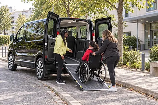 Deux accompagnantes aident une personne en fauteuil roulant à monter dans un van par une rampe.